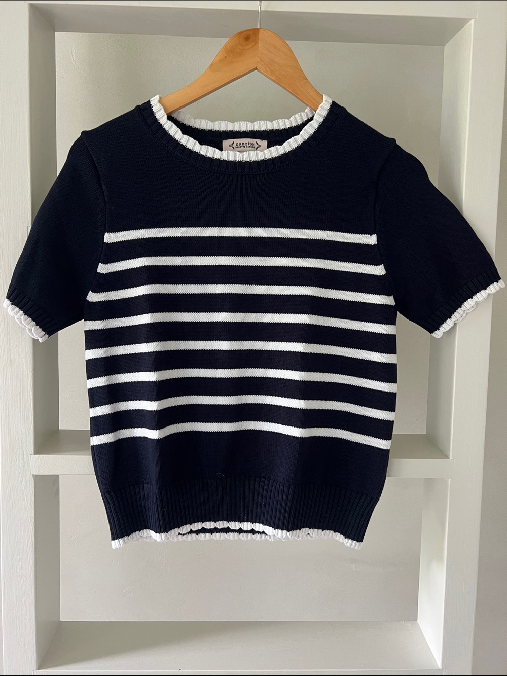 Nanette Lepore Navy and White Striped Short-Sleeve Sweater